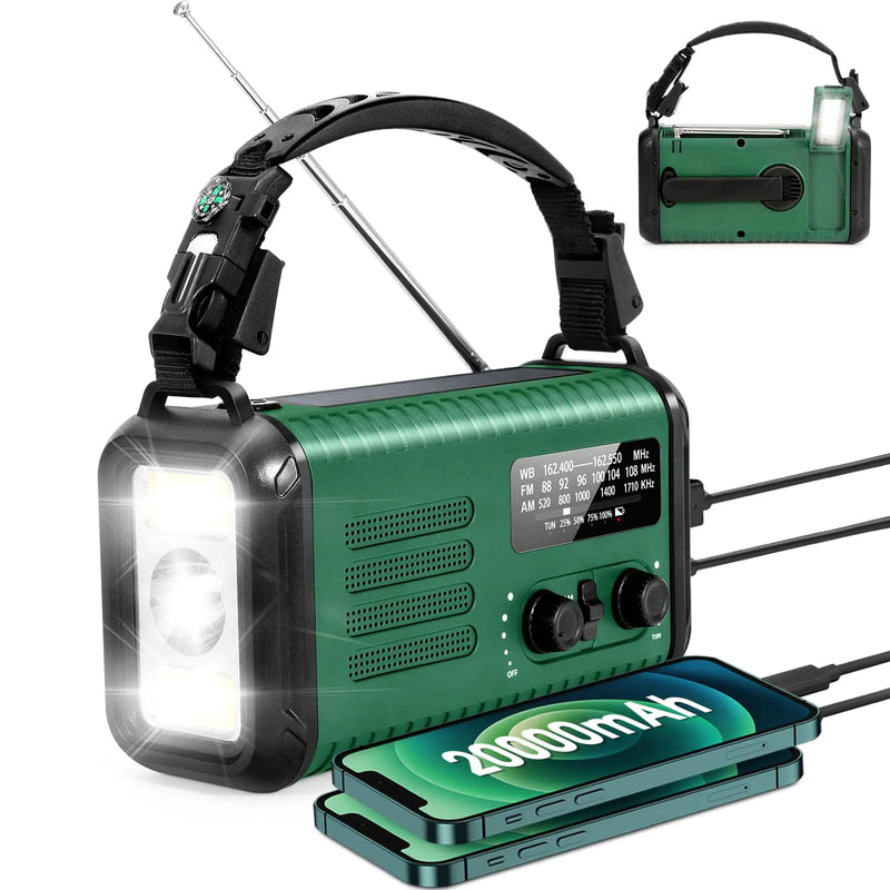 Hand Crank RadioEmergency Radio NOAA/AM/FM Weather Radio Solar Radio 20000MAH Rechargeable Battery Powered with USB Charging LED Flashlight Reading Lamp Headphone Jack SOS Alarm for Emergency