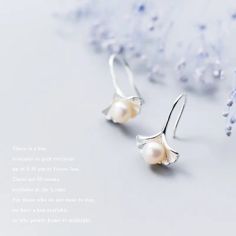 S925 Silver Ginkgo Leaf Earrings with Pearl (Short)
