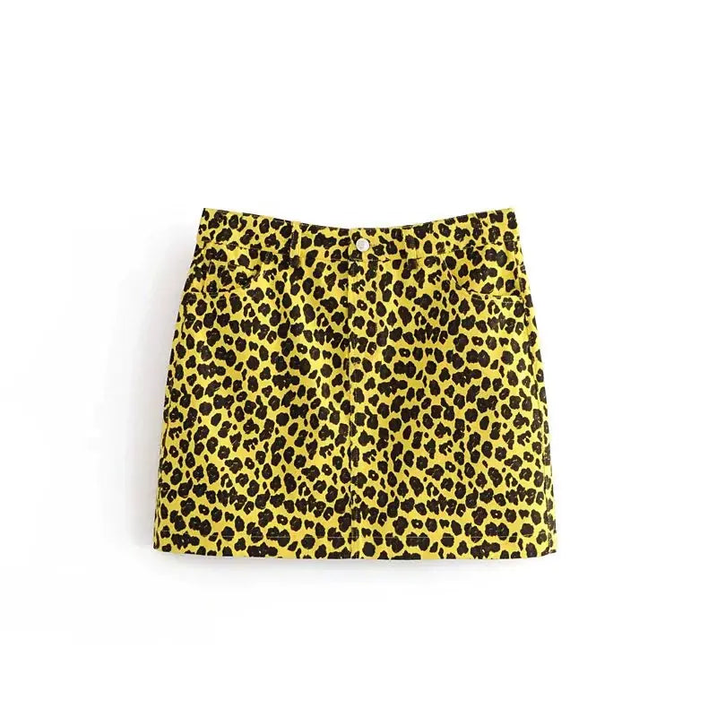 Leopard Print Denim Jacket, A-Line Skirt, Camouflage Set