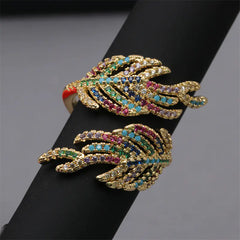 Women's Adjustable Copper Ring with Zircon Leaf Design