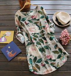 Cotton Linen Printed Dress with Short Skirt Style