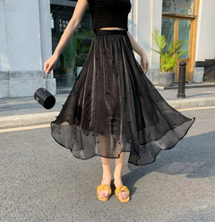 Mid-Length High Waist Chiffon A-Line Beaded Skirt for Women