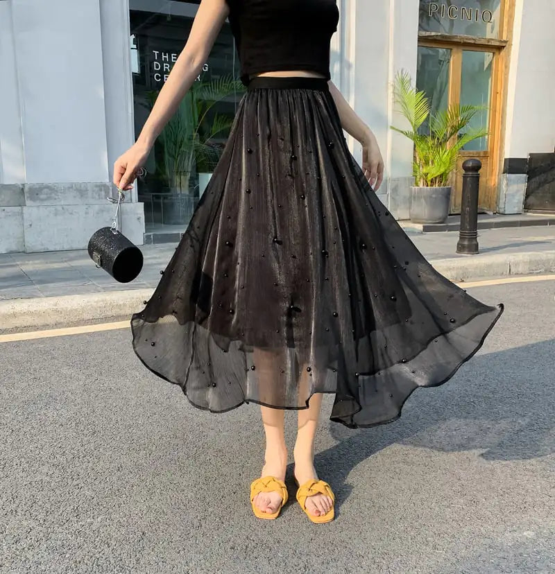Mid-Length High Waist Chiffon A-Line Beaded Skirt for Women