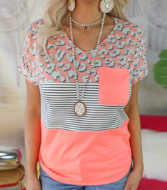 Striped Print Short-Sleeved Pocket Casual T-Shirt