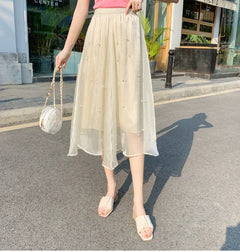 Mid-Length High Waist Chiffon A-Line Beaded Skirt for Women