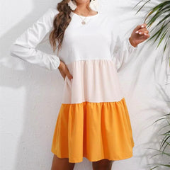 Contrast Color Long-Sleeved Round Neck Dress