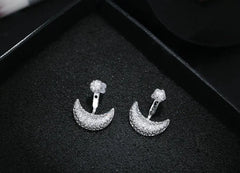 925 Silver Moon Stud Earrings with Diamonds, Korean Style