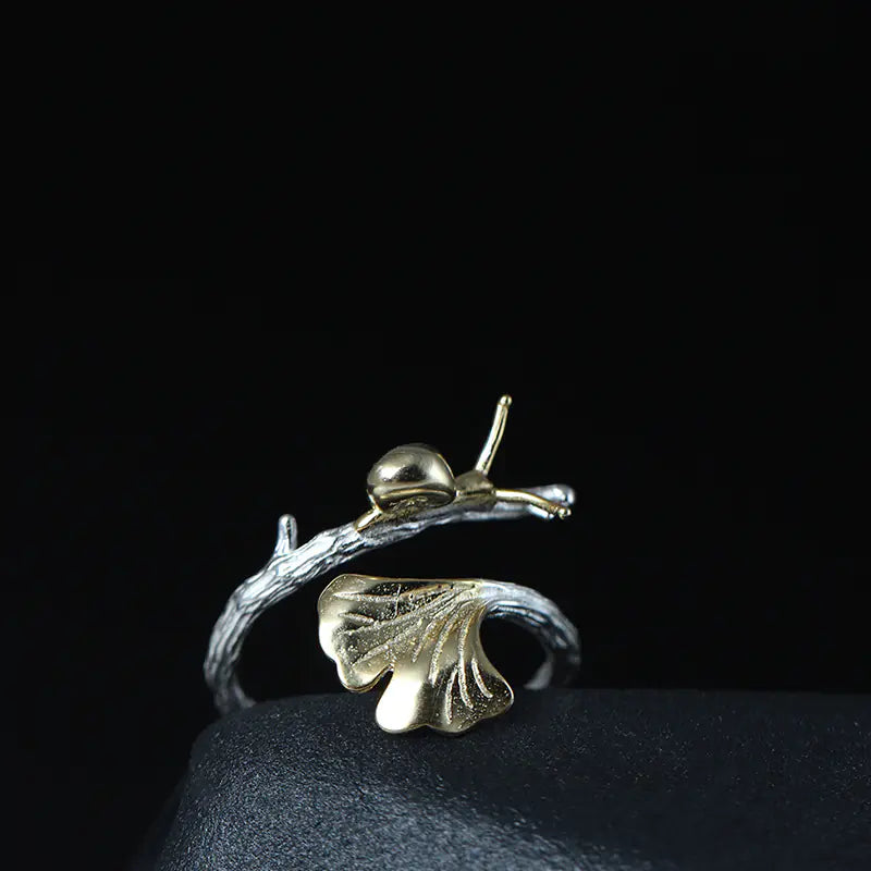 S925 Silver Ginkgo Leaf Ring for Women - Adjustable Design