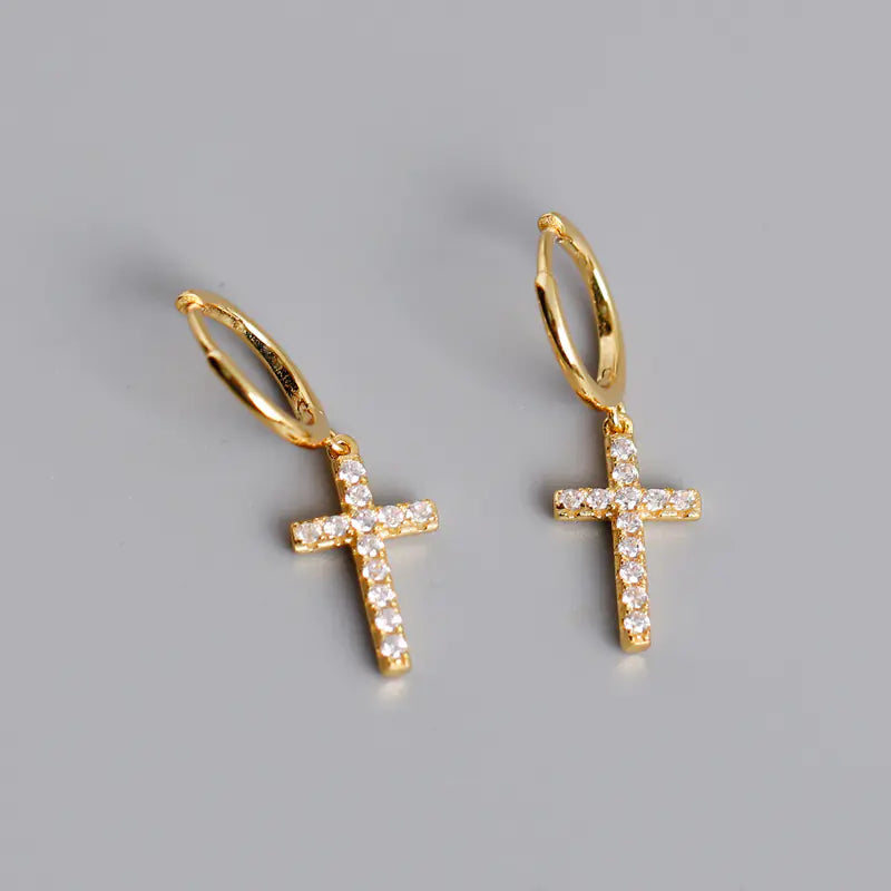 S925 Silver Cross Stud Earrings with Diamonds