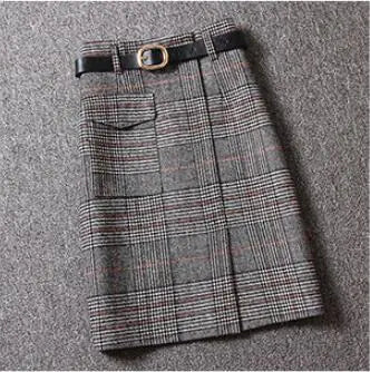 Woolen Plaid High Waist Mid-Length Slit Skirt for Women