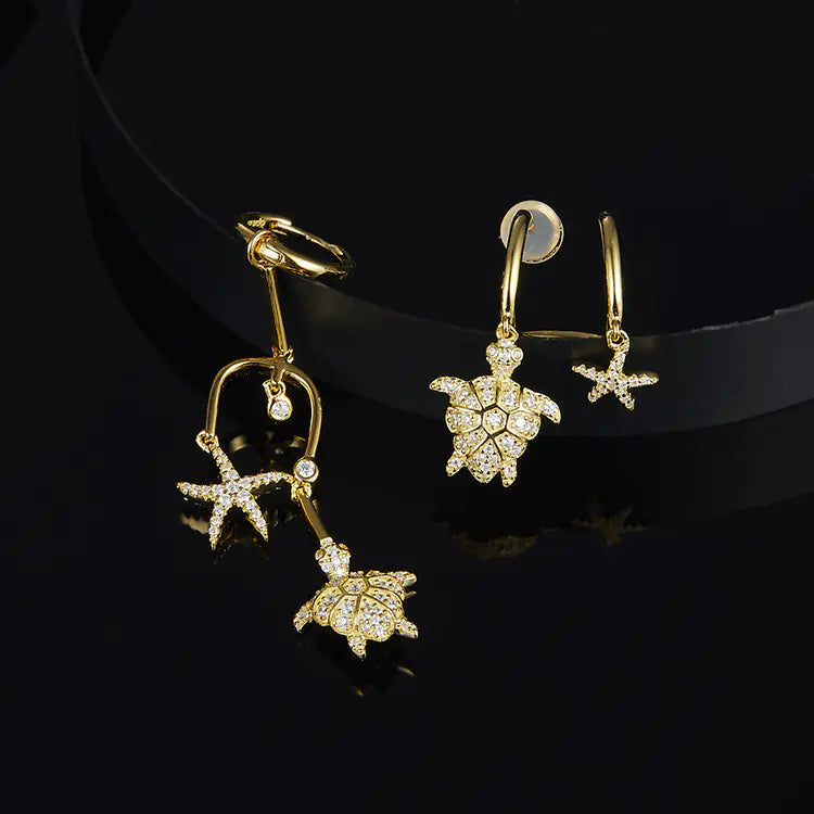 S925 Silver Asymmetrical Starfish and Bee Earrings