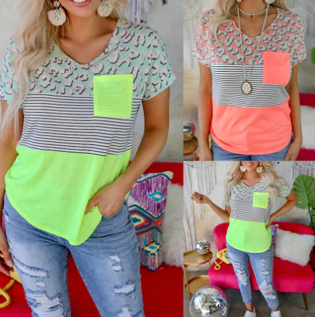 Striped Print Short-Sleeved Pocket Casual T-Shirt