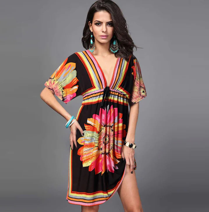 Printed Midi Skirt and Beach Dress Combo
