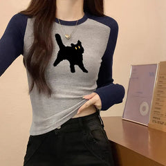 Women's Long-sleeved Color Contrast Printed T-shirt