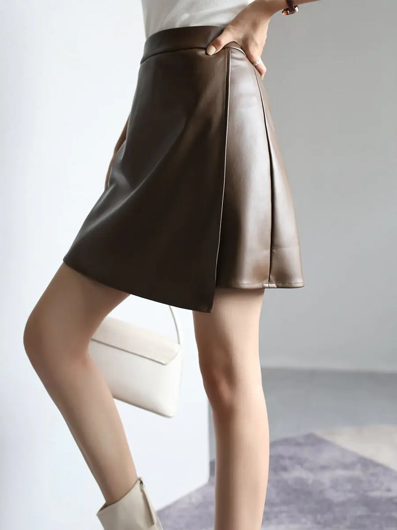 High Waist PU Leather A-Line Split Short Skirt for Women