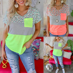 Striped Print Short-Sleeved Pocket Casual T-Shirt