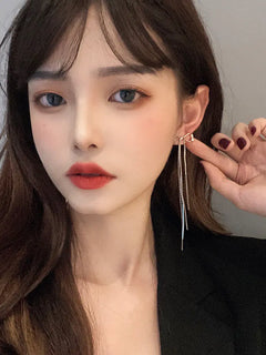 S925 Silver Long Tassel Earrings with Bow Design