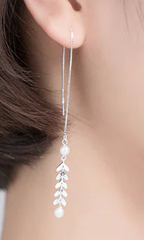 S925 Silver Tassel Earrings with Pearl Leaf Design