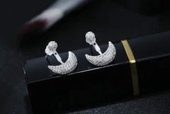 925 Silver Moon Stud Earrings with Diamonds, Korean Style