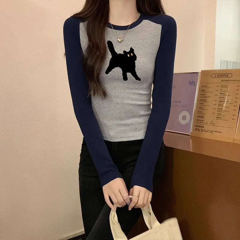 Women's Long-sleeved Color Contrast Printed T-shirt