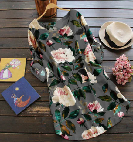 Cotton Linen Printed Dress with Short Skirt Style