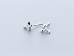 S925 Silver Minimalist Cross Stud Earrings with Diamonds