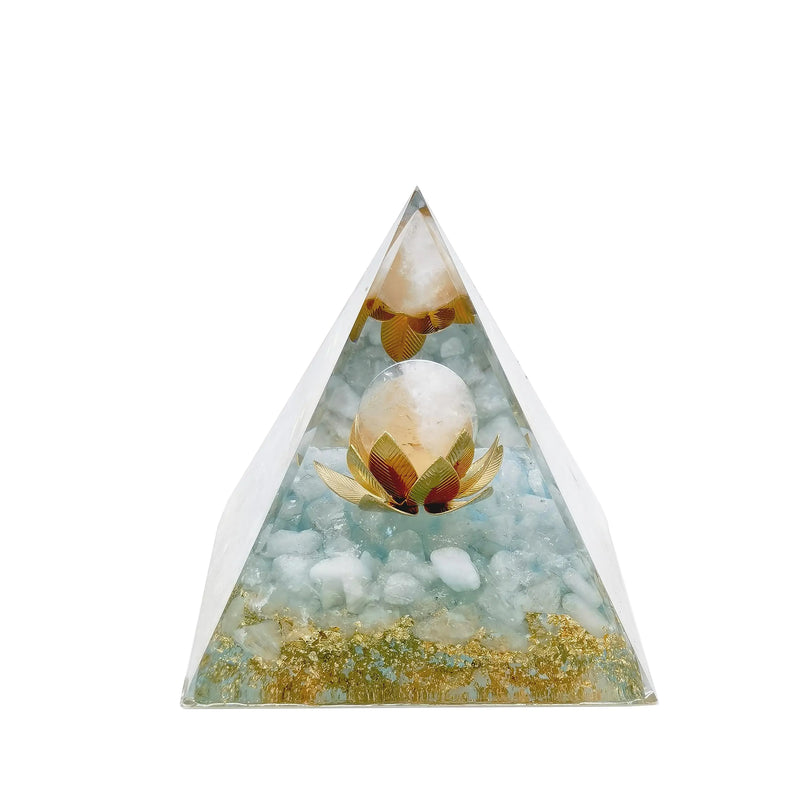 VMDEKK Moonstone Crystal Orgone Pyramid Ogan Crystal Energy Tower Nature Lotus White Crystal Reiki Chakra Crushed Stone Flower of Life Crystal Orgonite Healing Chakra Pyramid Gift for Friend
