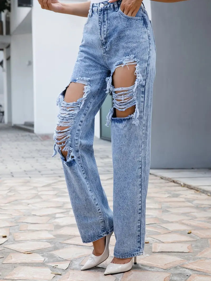 High Rise Distressed Boyfriend Wide Leg Denim Jeans