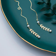 S925 Silver Tassel Earrings with Pearl Leaf Design
