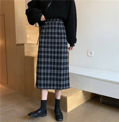 High Waist Retro Slim Woolen Plaid Mid-Length Skirt