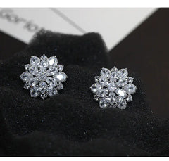 S925 Silver Flower Stud Earrings with Diamonds
