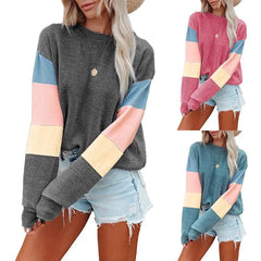 Color Contrast Long Sleeve Round Neck Women's T-shirt