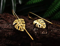 S925 Silver Long Earrings with Monstera Leaf Design