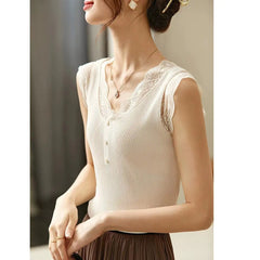 Lace Trim Ice Silk V-Neck Knit Cami Top