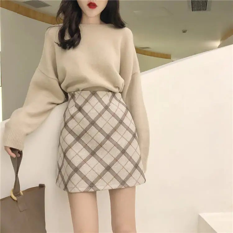 High-Waist Woolen Plaid Skirt for Women