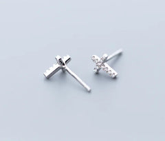 S925 Silver Minimalist Cross Stud Earrings with Diamonds