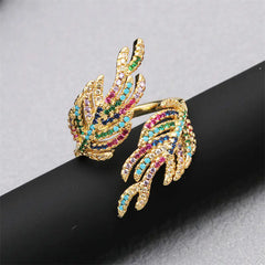 Women's Adjustable Copper Ring with Zircon Leaf Design