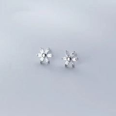 S925 Silver Stud Earrings - Floral Design with Diamonds