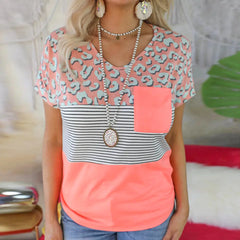 Striped Print Short-Sleeved Pocket Casual T-Shirt