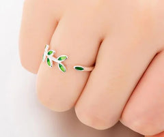 S925 Silver Green Leaf Adjustable Ring for Women