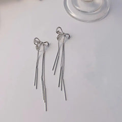 S925 Silver Long Tassel Earrings with Bow Design