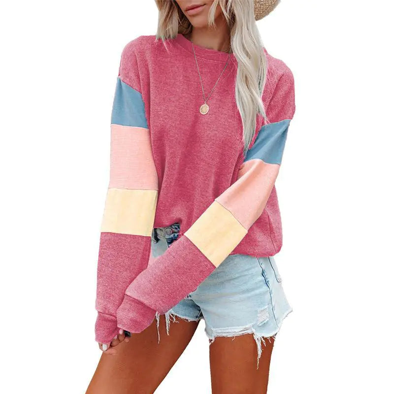 Color Contrast Long Sleeve Round Neck Women's T-shirt