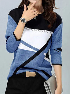Round Neck Long-sleeved T-shirt with Color Contrast Print