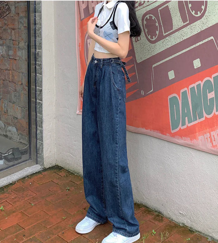 Blue Boyfriend Loose Fit Wide Leg High Waist Jeans