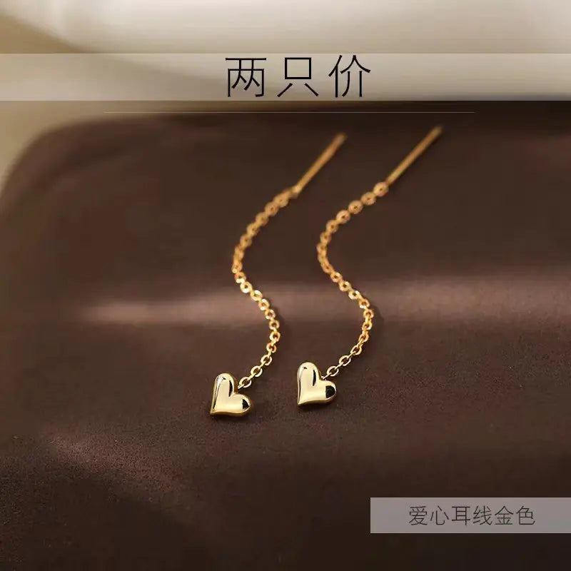 S925 Silver Heart Earrings with Long Tassel Design