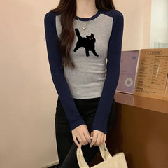 Women's Long-sleeved Color Contrast Printed T-shirt