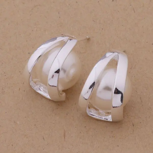 925 Silver Plated Pearl Stud Earrings - Korean Style