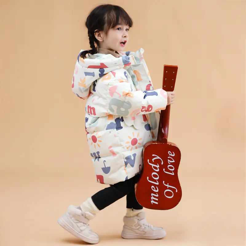 White Duck Mid-Length Down Jacket for Kids