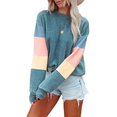 Color Contrast Long Sleeve Round Neck Women's T-shirt