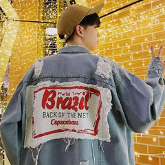 Trendy Korean Loose Fit Men’s Denim Patchwork Jacket